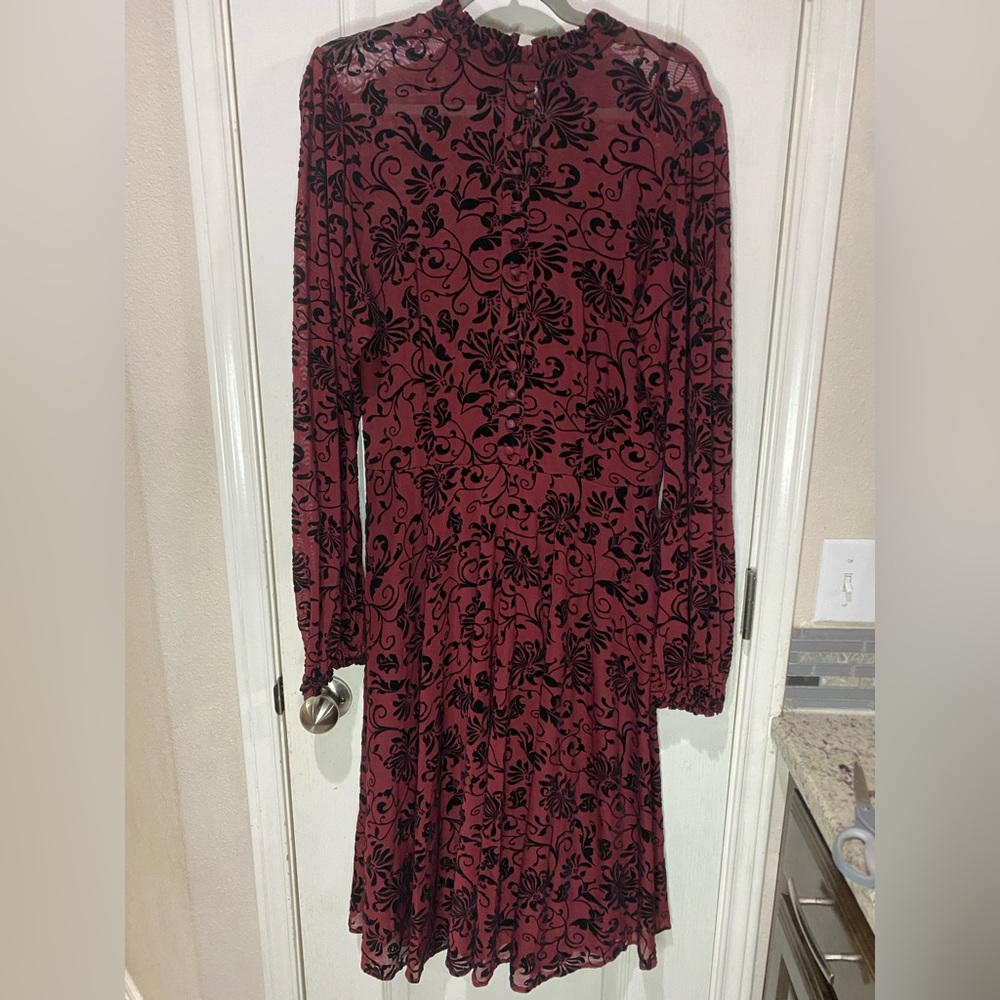 Unique Vintage Burgundy Velvet Floral Burnout Leota Swing Dress XL